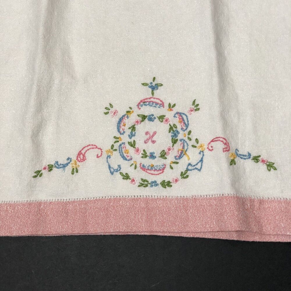 Vintage Tea Towel Set Monogram H K X Embroidered Tiny Flowers Pink Blue - Picture 11 of 16